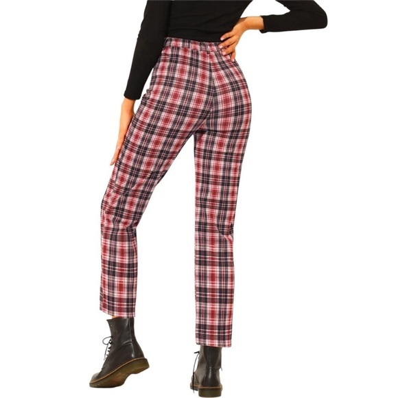 Allegra K Plaid Cropped Trousers Button Casual Tartan Check Work Pants Red Large - Picture 7 of 10